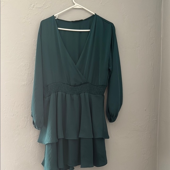 Zara Dresses & Skirts - Zara Green Midi Dress with Bishop Sleeves and V-Neck 103